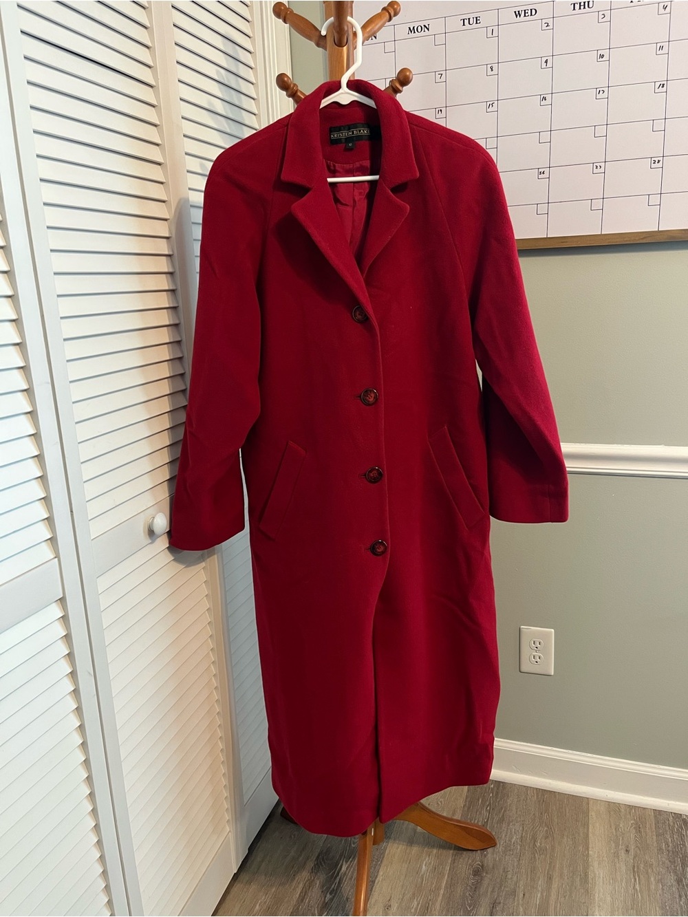 Kristen Blake 100% Virgin Wool Long Red Wool-Blend Trench Coat